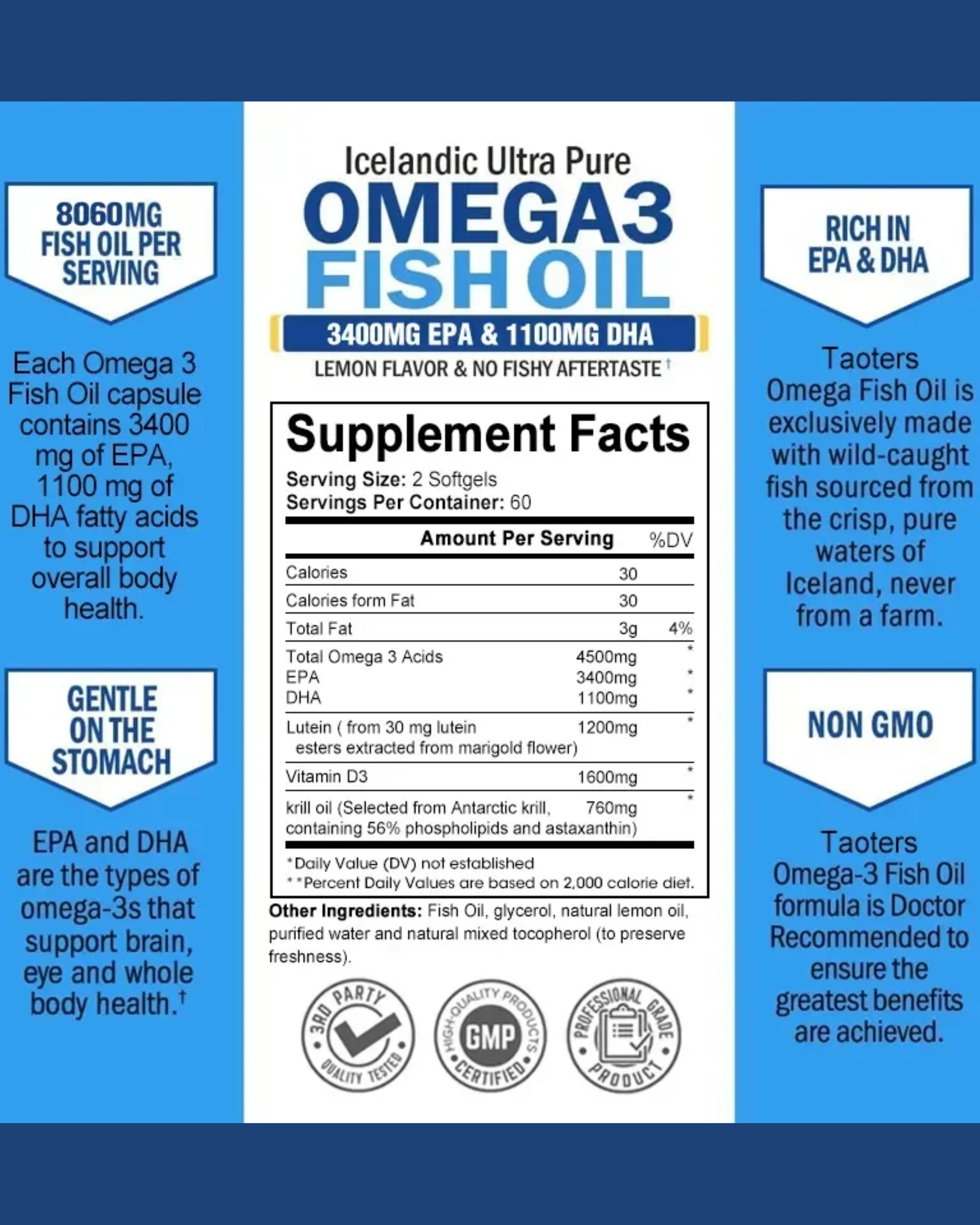 Fish Oil Omega 3 - Helps Improve Eyes, Joints, Antioxidants, Improves Skin Health, Brain Function and Supports Immunity